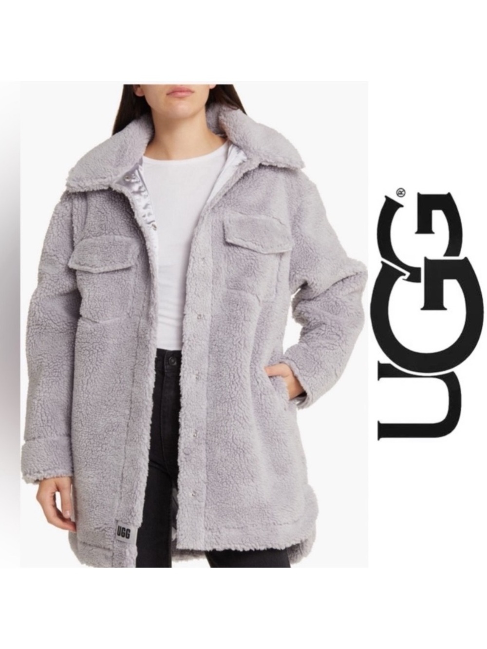 NWT UGG Light Gray Teddy Faux-Sherpa Jacket. Size Small